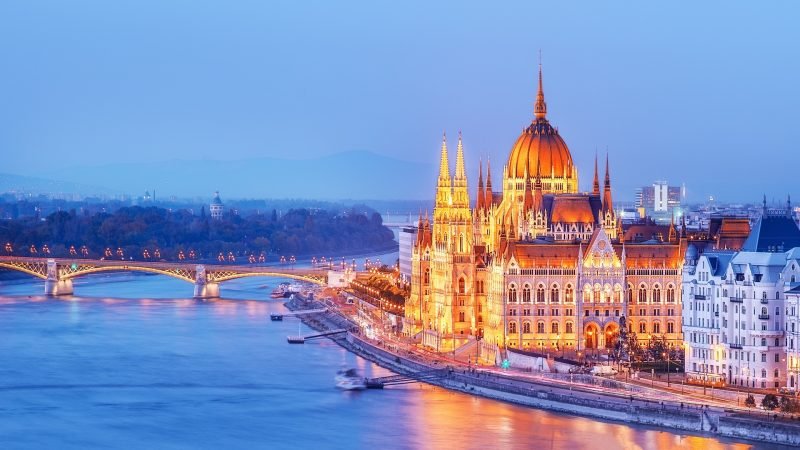 Budapest, Hungary. Night view on Parliament building over delta of Danube river.